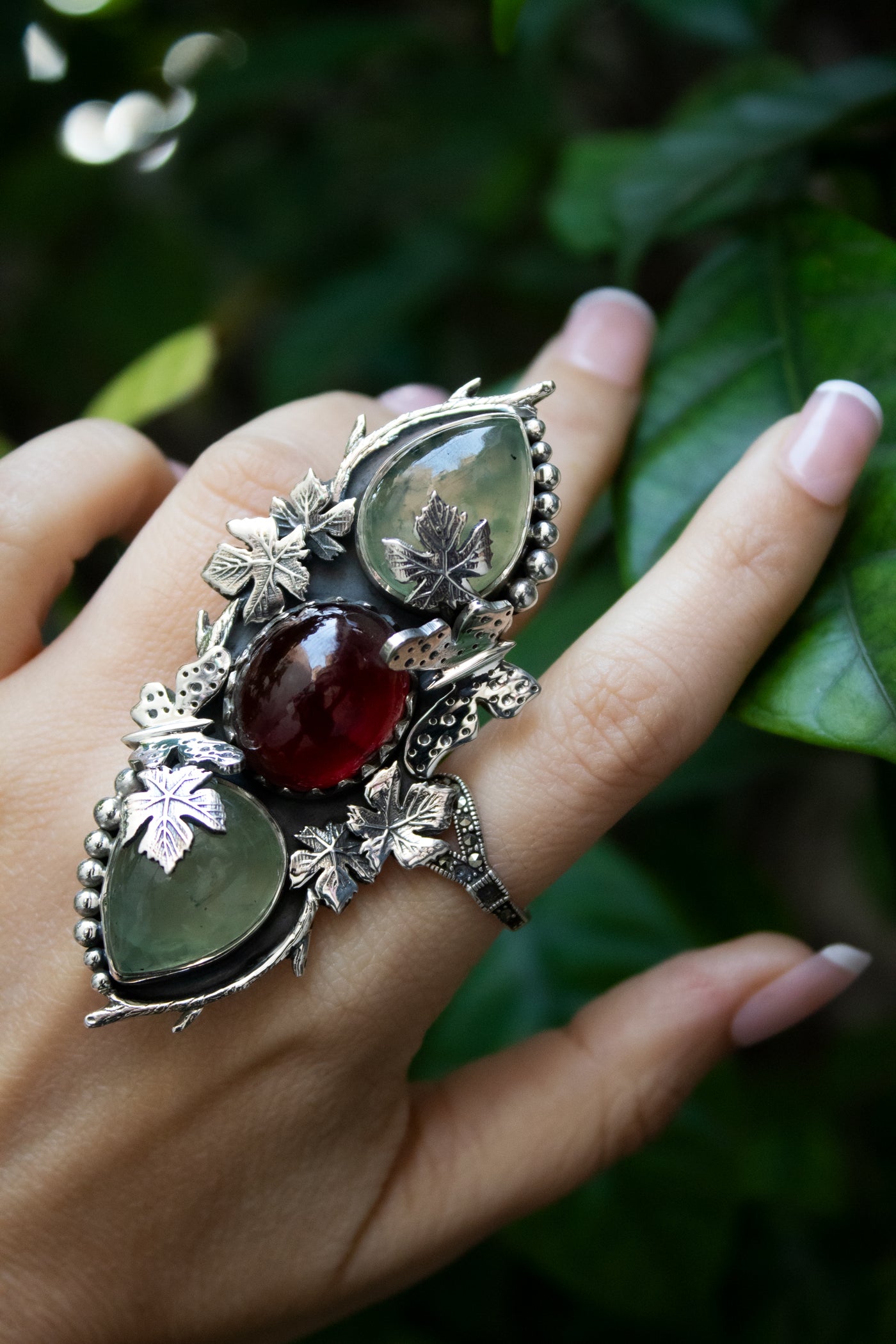 Whispers of the Maple Grove: Prehnite & Garnet Ring, AR-7668