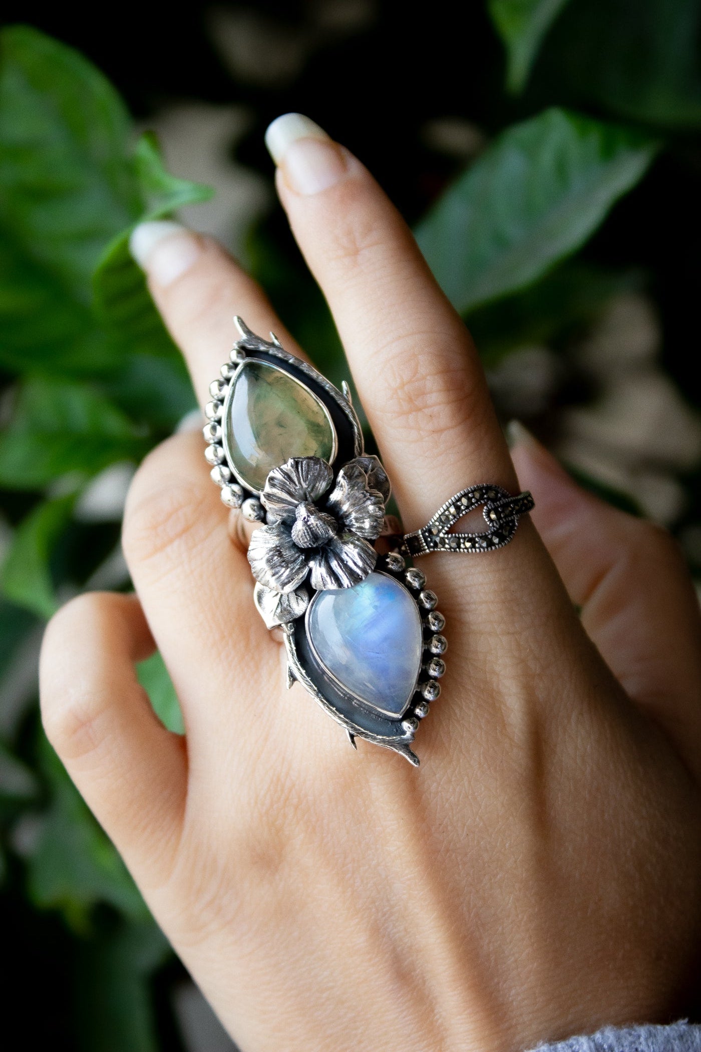 Botanical Blossom: Prehnite & Moonstone Ring, AR-7208