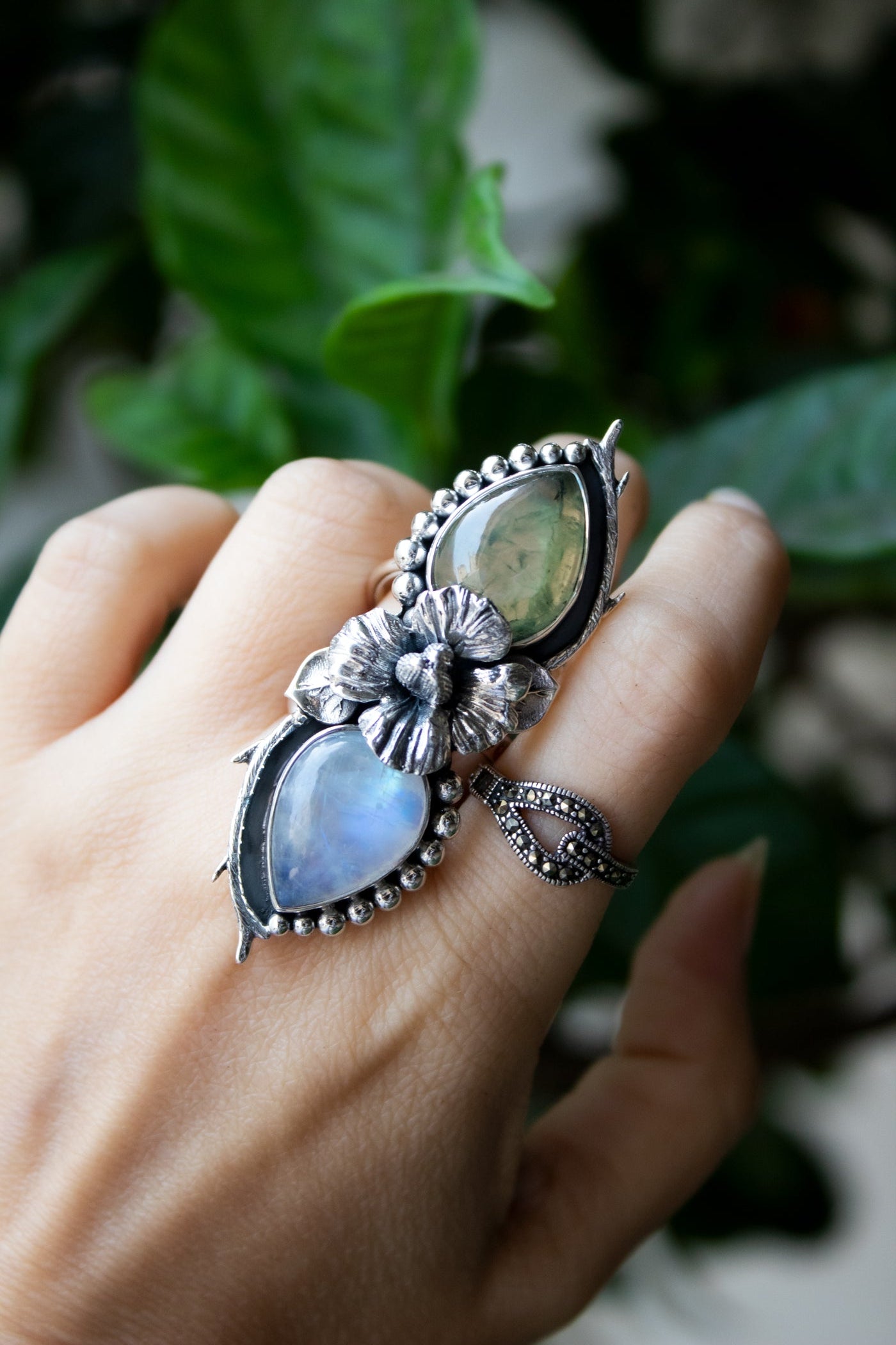 Botanical Blossom: Prehnite & Moonstone Ring, AR-7208