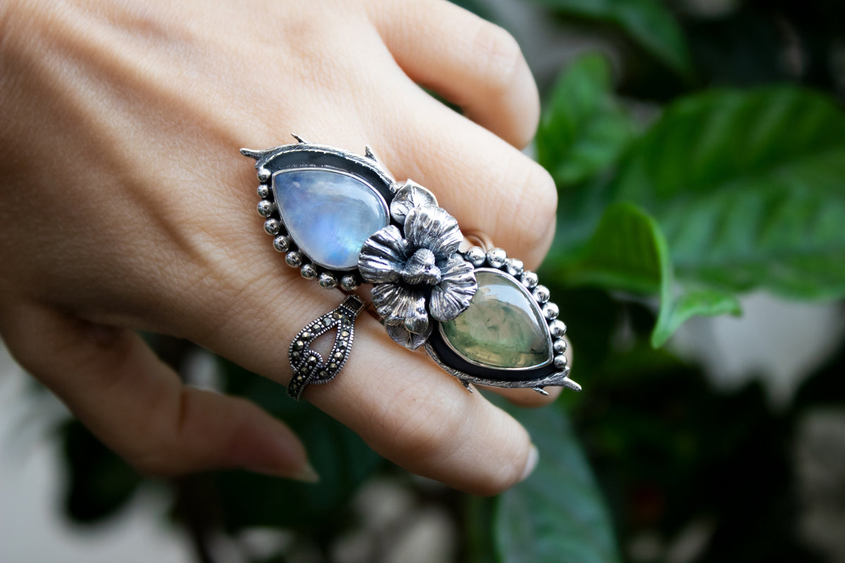 Botanical Blossom: Prehnite & Moonstone Ring, AR-7208