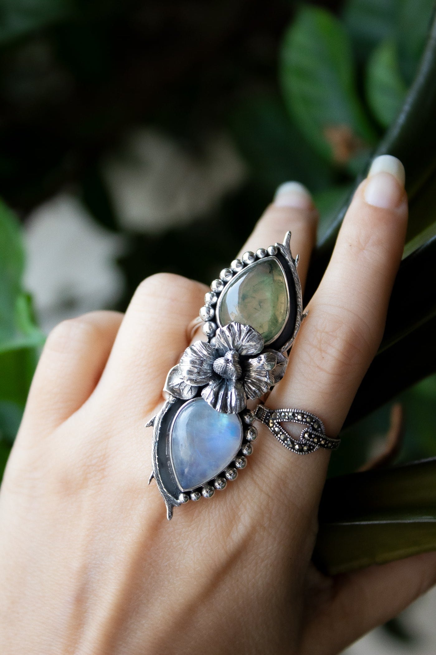 Botanical Blossom: Prehnite & Moonstone Ring, AR-7208