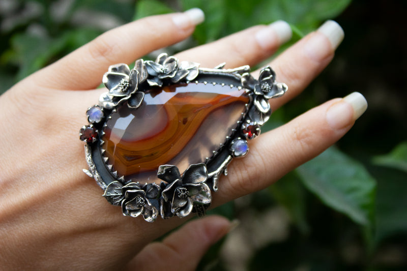 Radiant Bloom: Faceted Botswana Agate, Moonstone & Garnet Ring, AR-7213