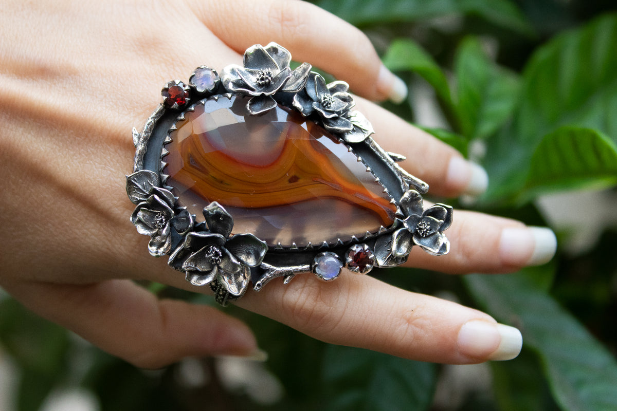 Radiant Bloom: Faceted Botswana Agate, Moonstone & Garnet Ring, AR-7213