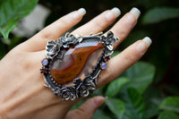 Radiant Bloom: Faceted Botswana Agate, Moonstone & Garnet Ring, AR-7213