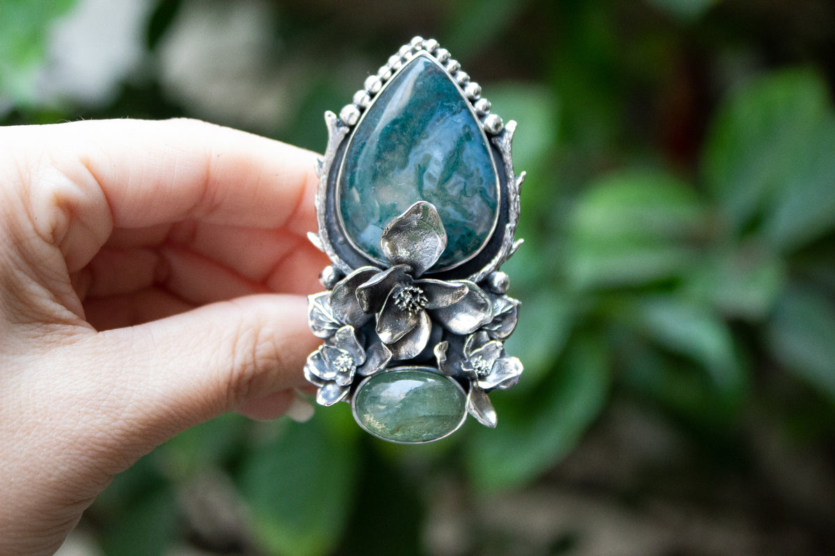 Floral Elegance: Moss Agate & Aquamarine Ring, AR-7212