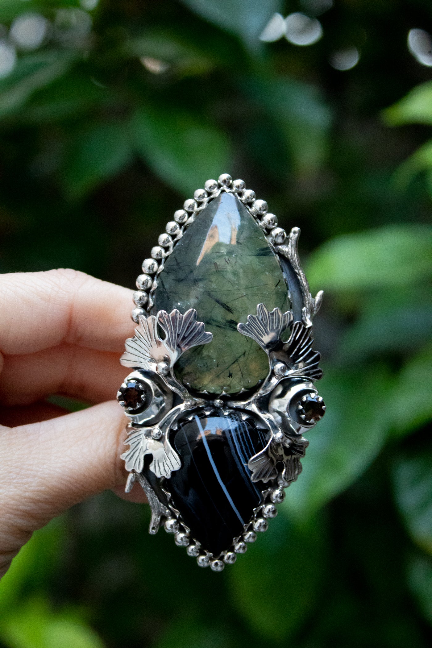 Shadow & Light – Prehnite & Black Botswana Ring, AR-7674