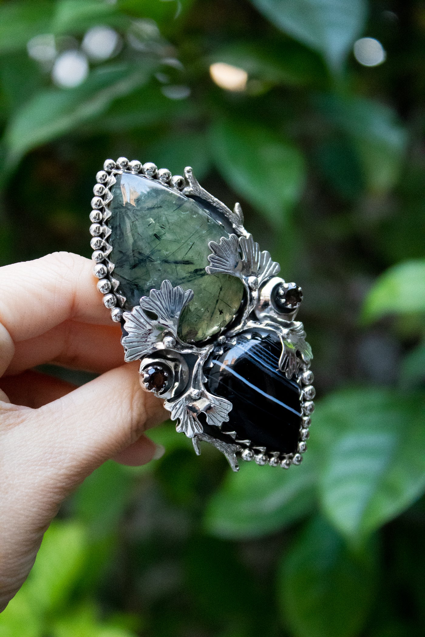 Shadow & Light – Prehnite & Black Botswana Ring, AR-7674