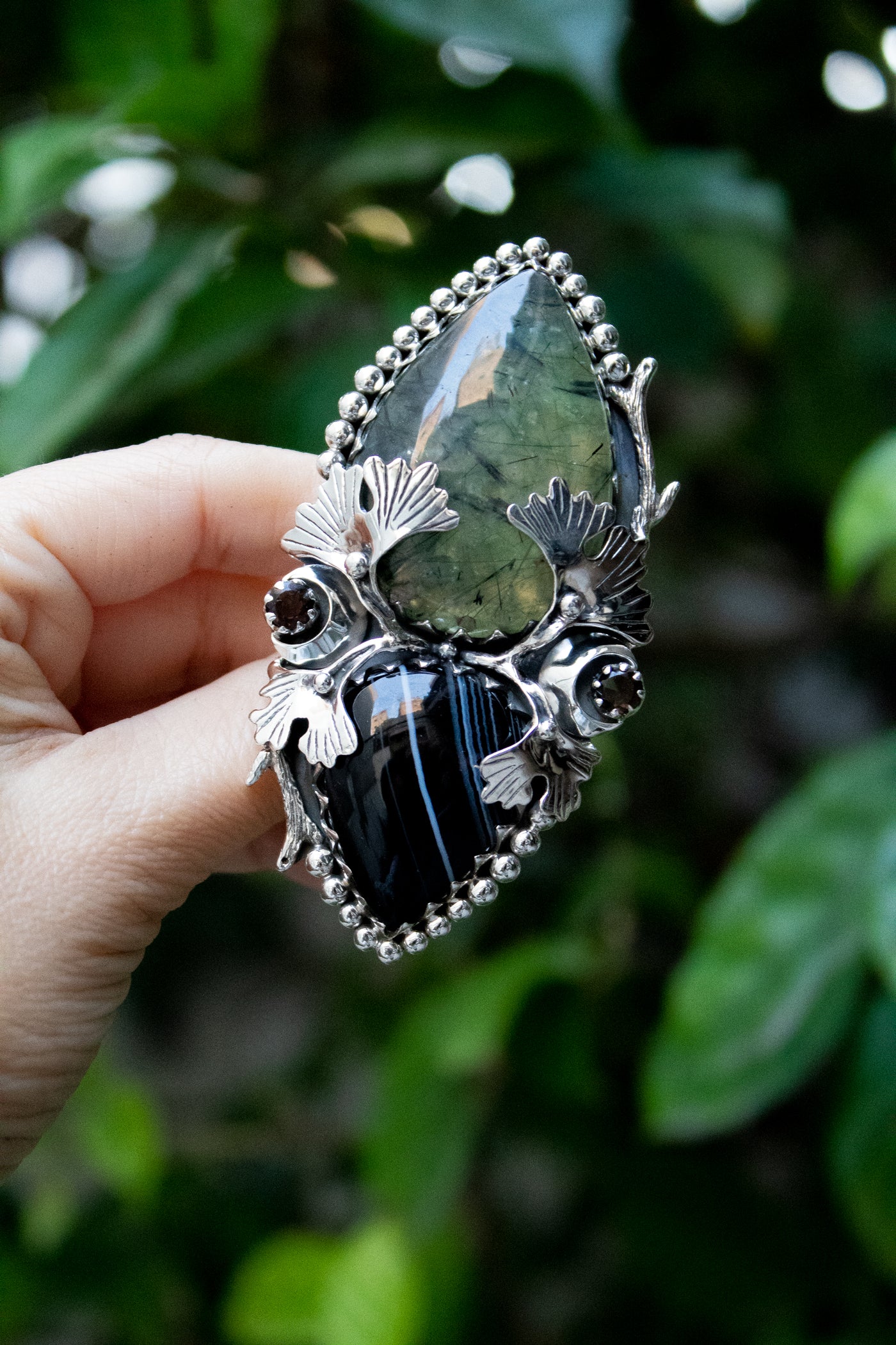 Shadow & Light – Prehnite & Black Botswana Ring, AR-7674