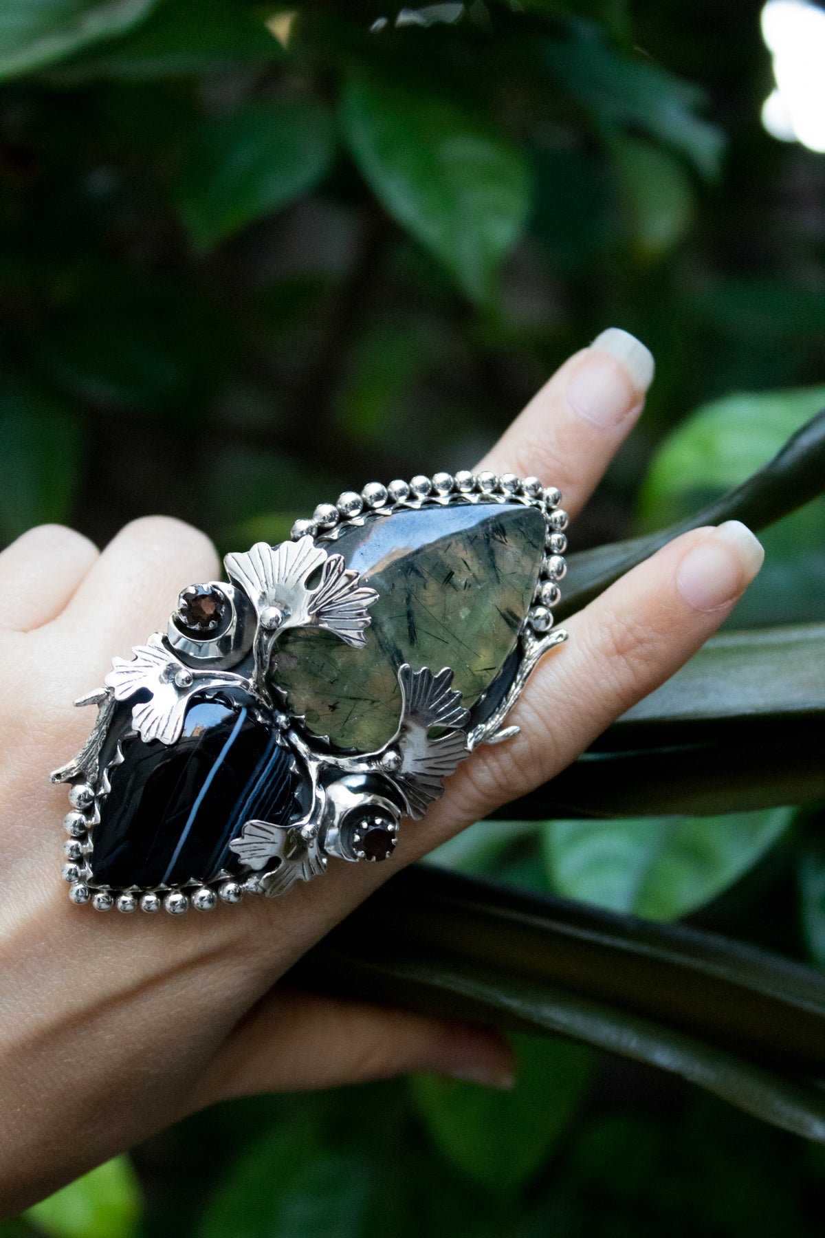 Shadow & Light – Prehnite & Black Botswana Ring, AR-7674