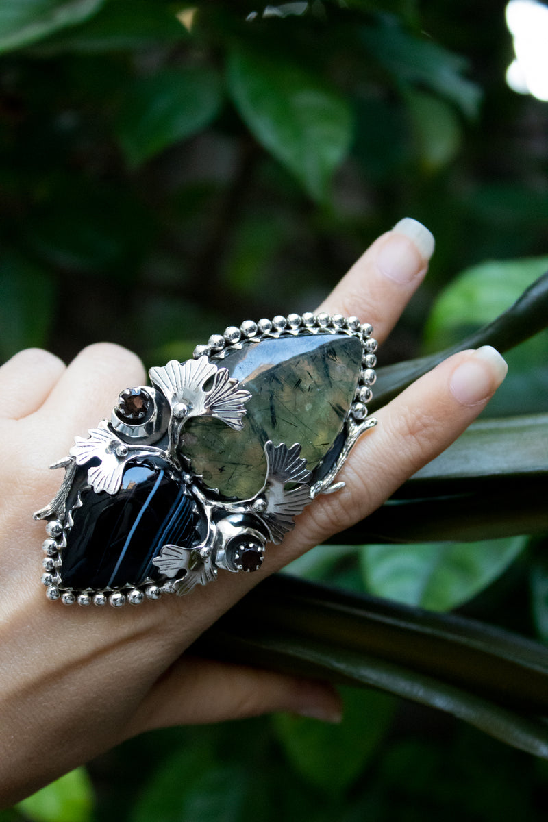 Shadow & Light – Prehnite & Black Botswana Ring, AR-7674