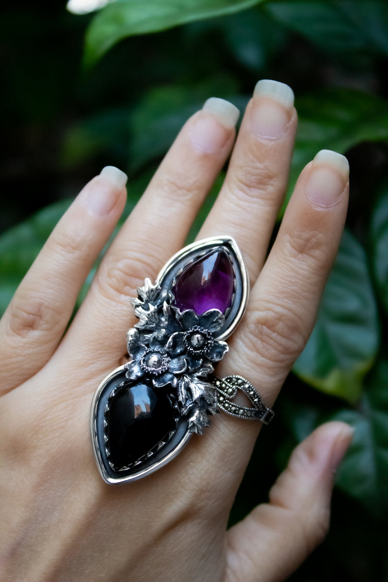 Dual Harmony – Amethyst & Onyx Ring, AR-7679
