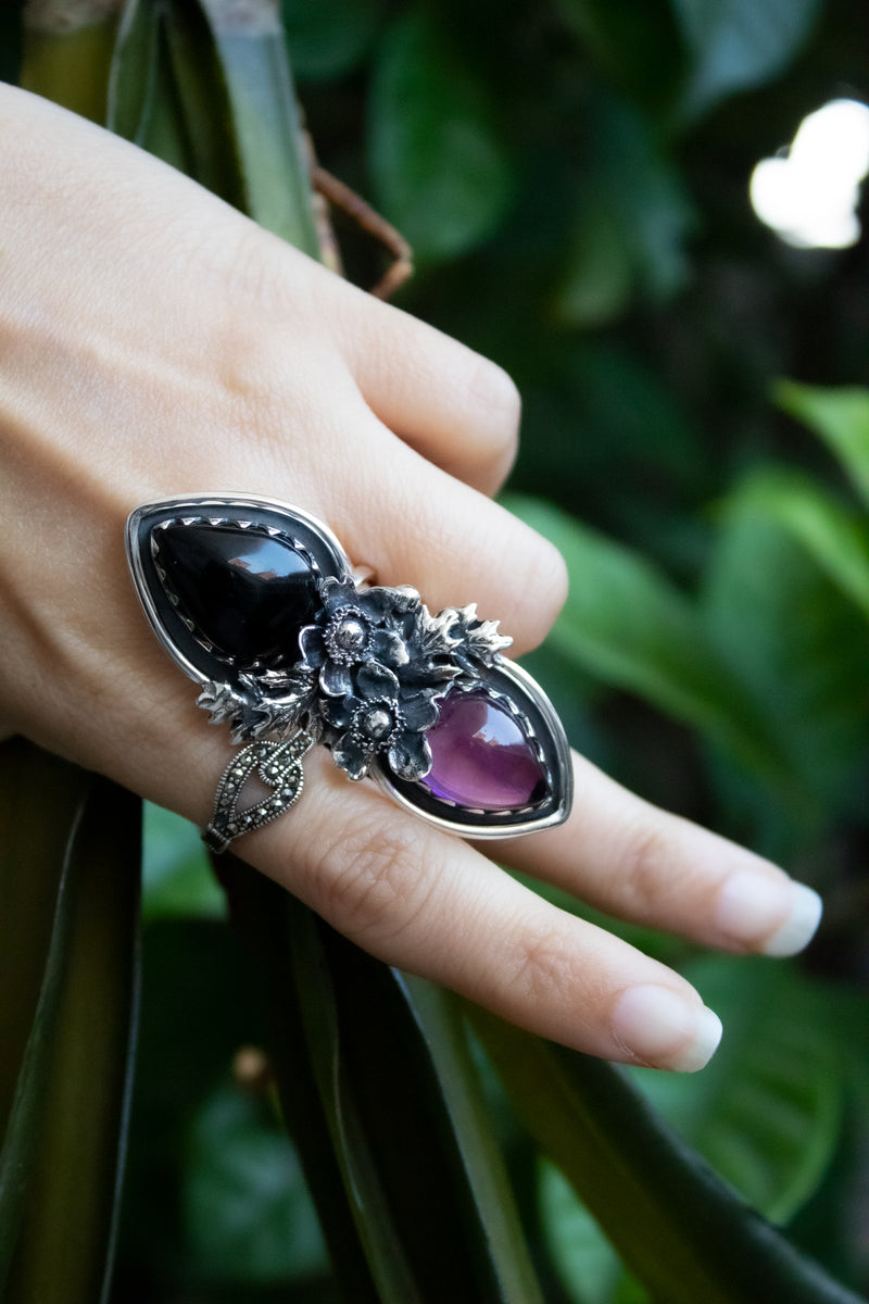 Dual Harmony – Amethyst & Onyx Ring, AR-7679