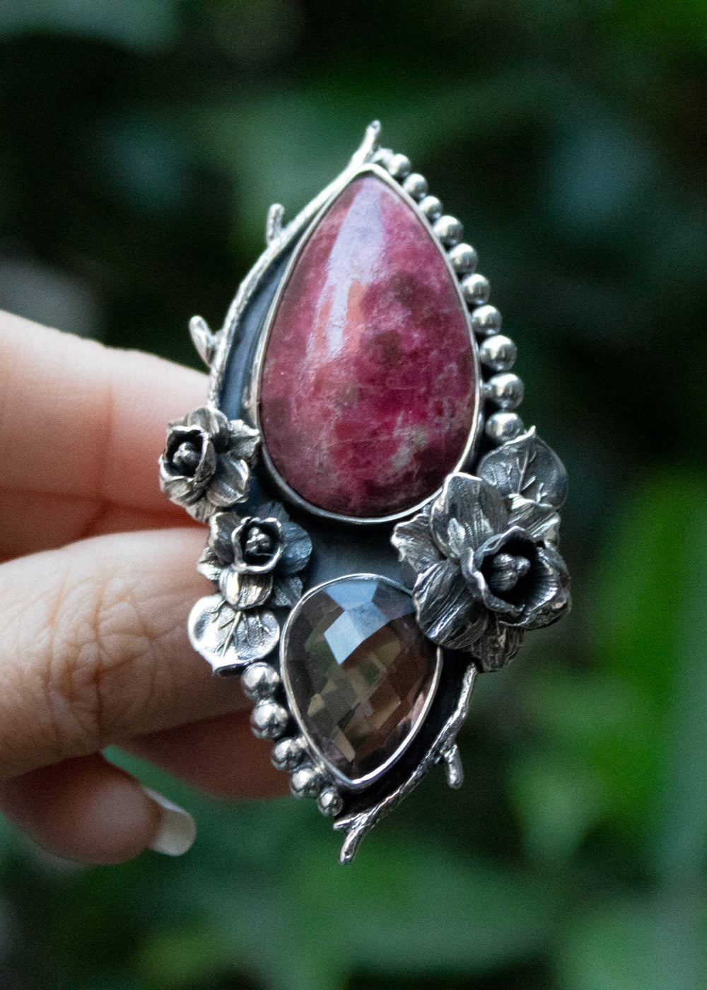 Thulite & Smokey Quartz Ring, AR-7215