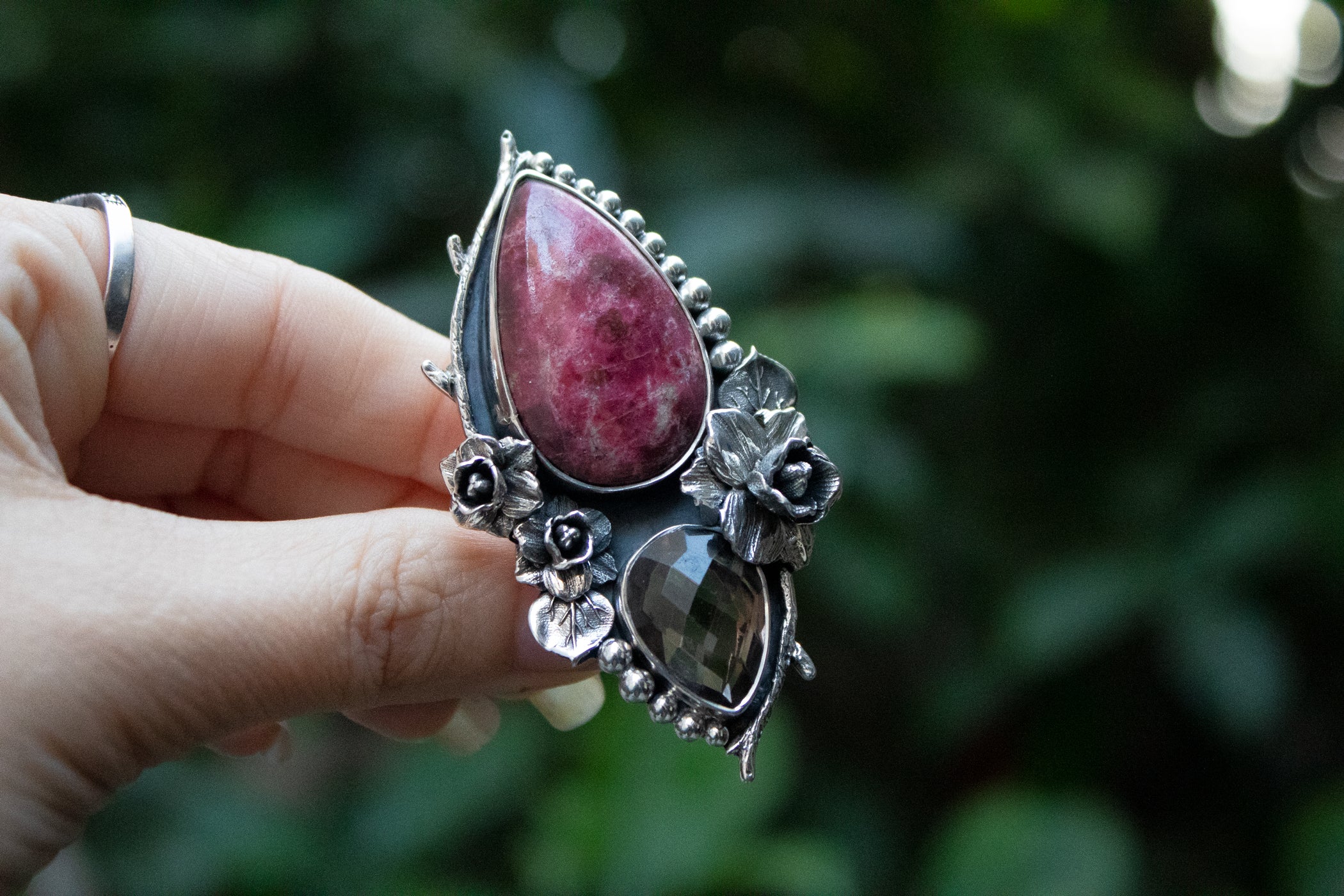 Thulite & Smokey Quartz Ring, AR-7215