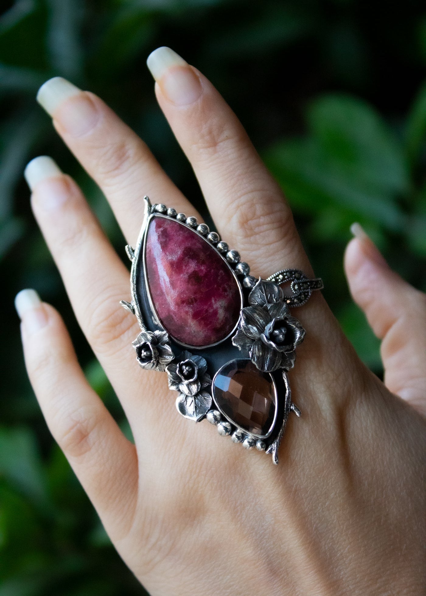 Thulite & Smokey Quartz Ring, AR-7215