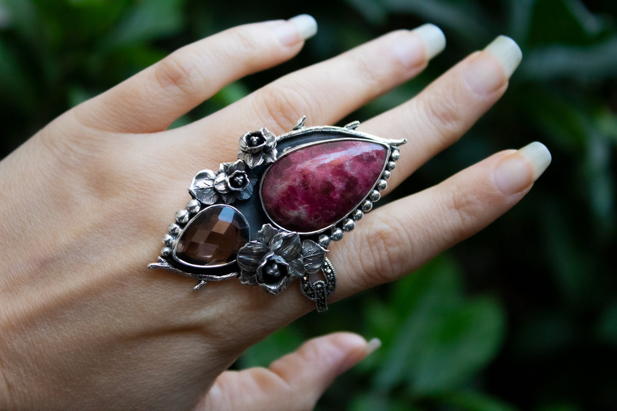 Thulite & Smokey Quartz Ring, AR-7215