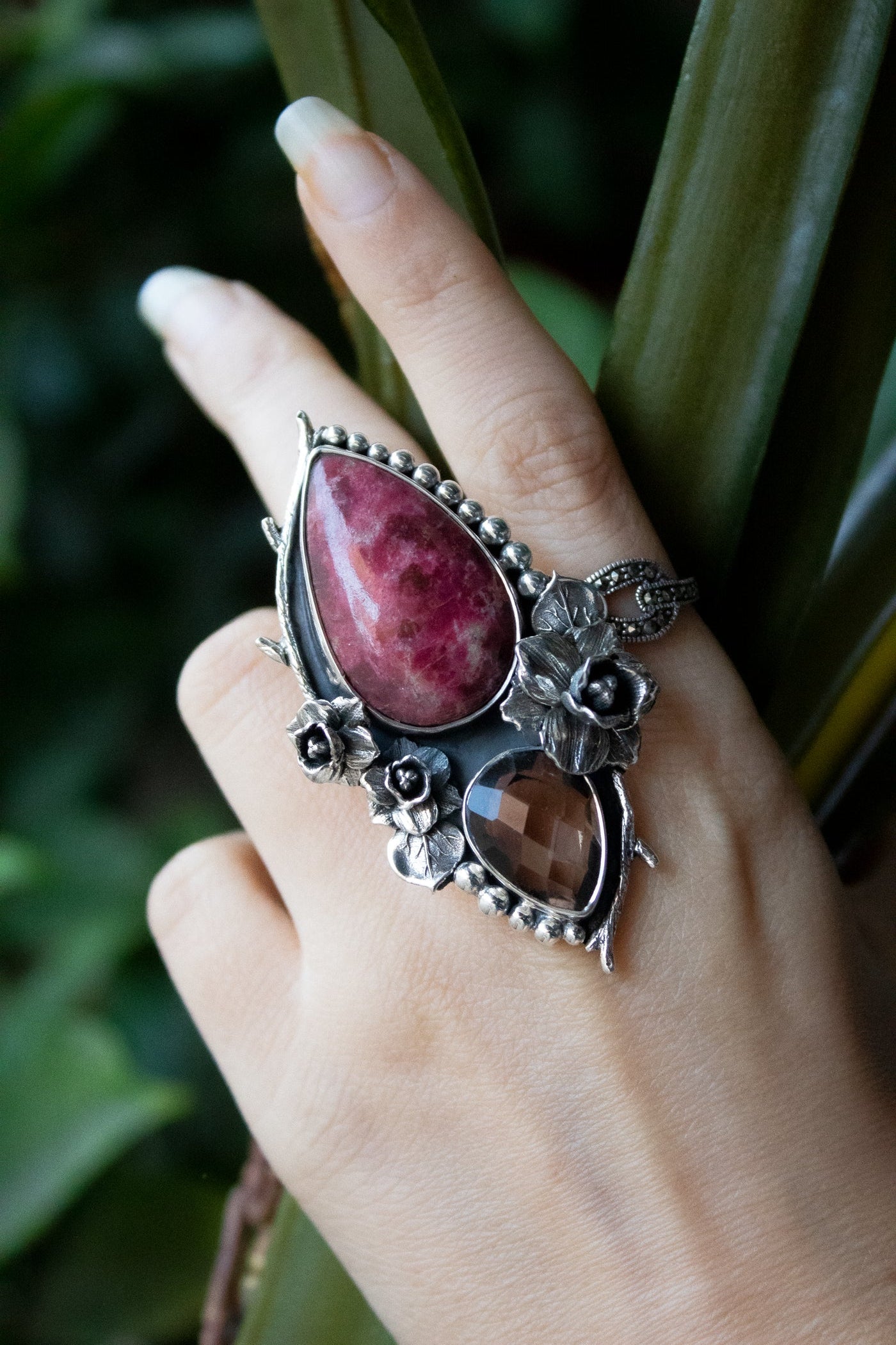 Thulite & Smokey Quartz Ring, AR-7215