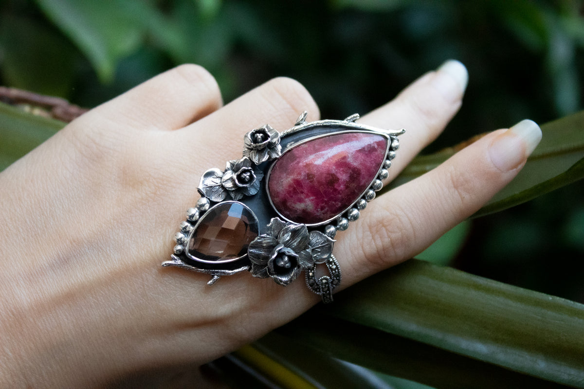 Thulite & Smokey Quartz Ring, AR-7215