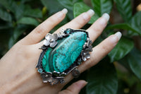 Chrysocolla Ring With Green Tourmaline & Flowers, AR-6889