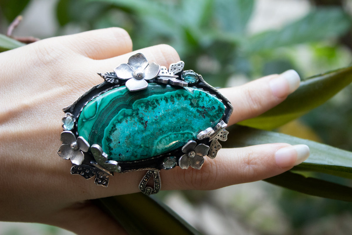 Chrysocolla Ring With Green Tourmaline & Flowers, AR-6889