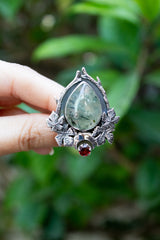 Forest Floor Guardian – Prehnite & Garnet Ring, AR-7721