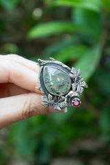 Forest Floor Guardian – Prehnite & Garnet Ring, AR-7721