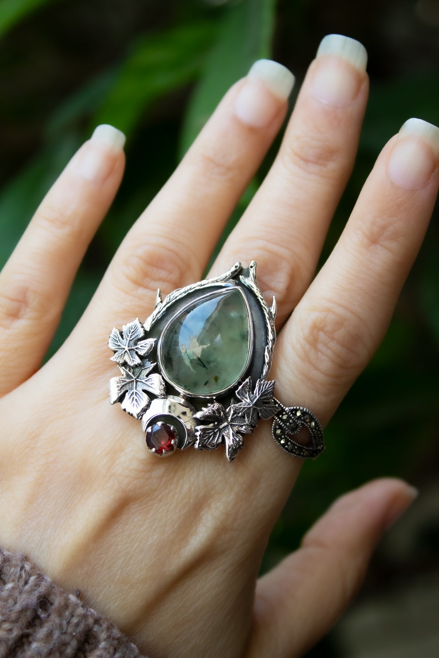 Forest Floor Guardian – Prehnite & Garnet Ring, AR-7721