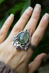 Forest Floor Guardian – Prehnite & Garnet Ring, AR-7678