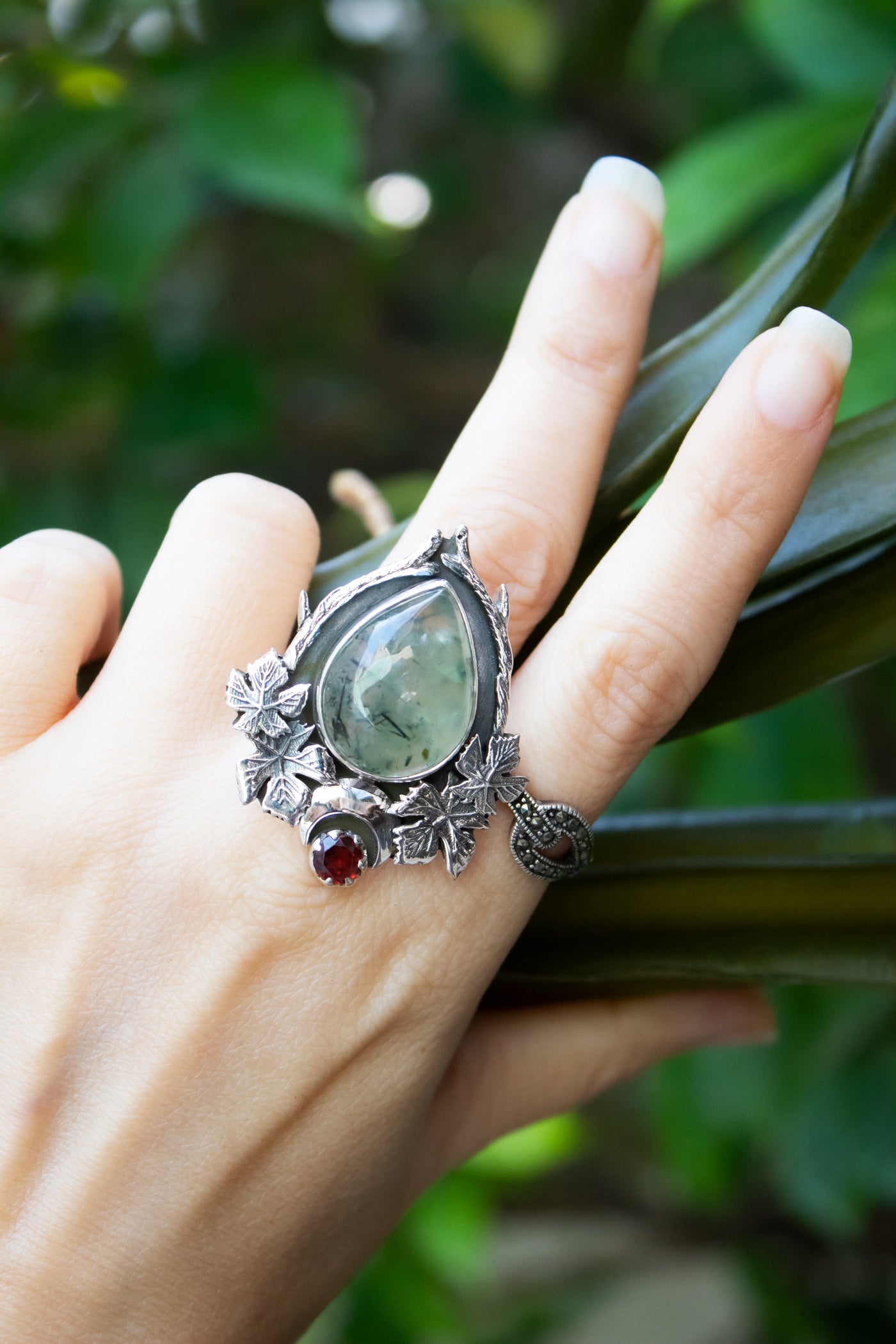 Forest Floor Guardian – Prehnite & Garnet Ring, AR-7721