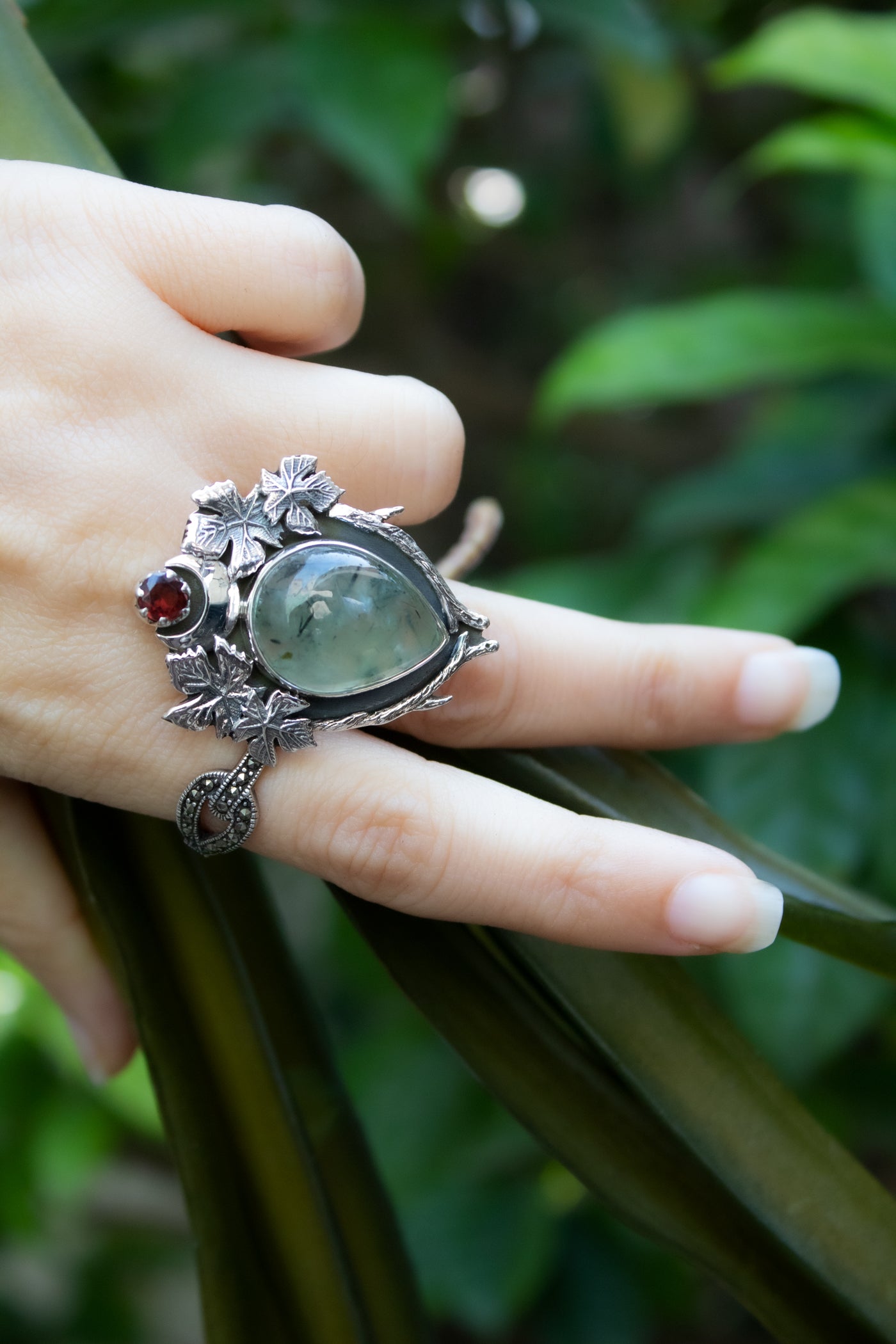 Forest Floor Guardian – Prehnite & Garnet Ring, AR-7721