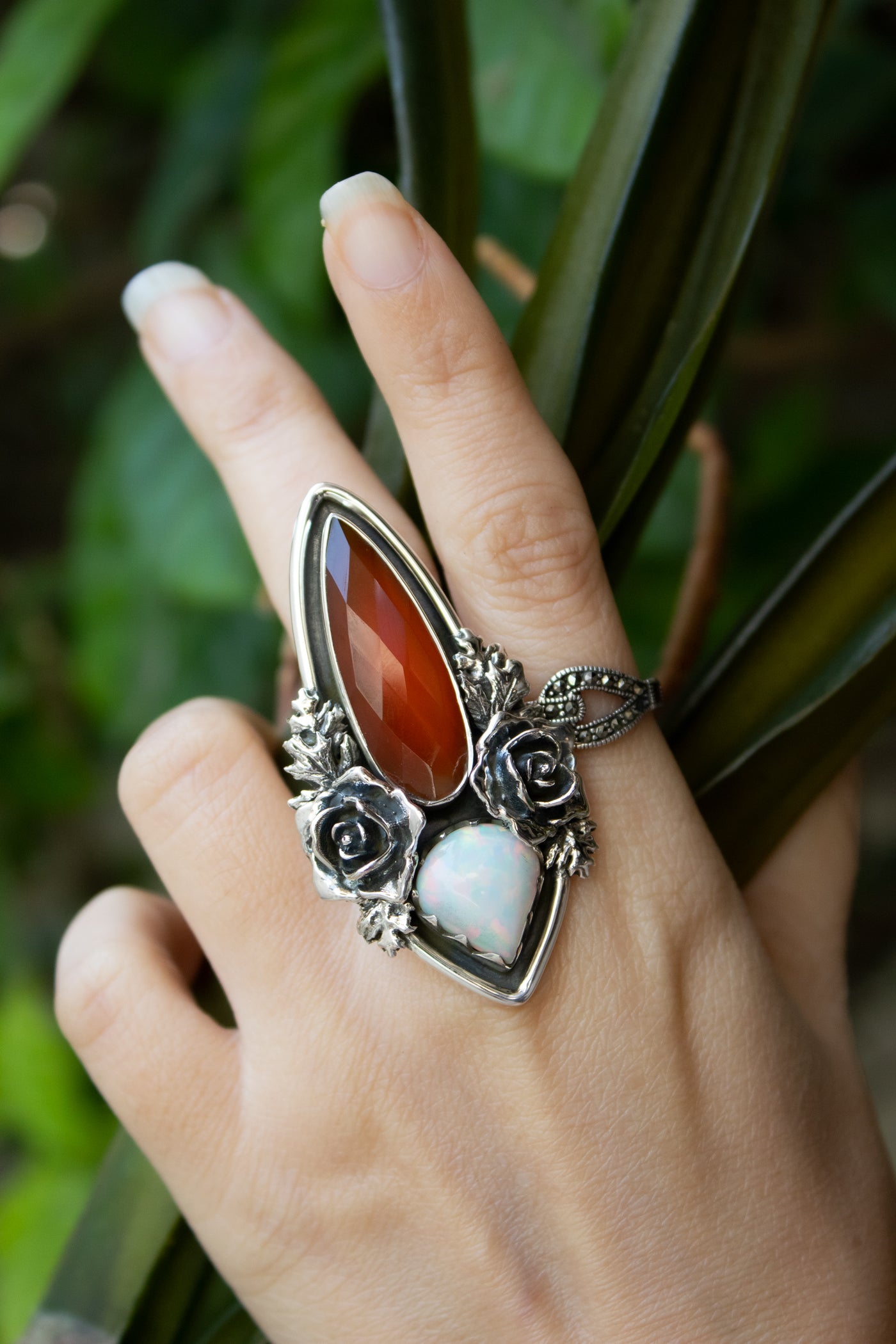 Sunlit Rose Garden – Red Onyx & Opal Ring, AR-7670