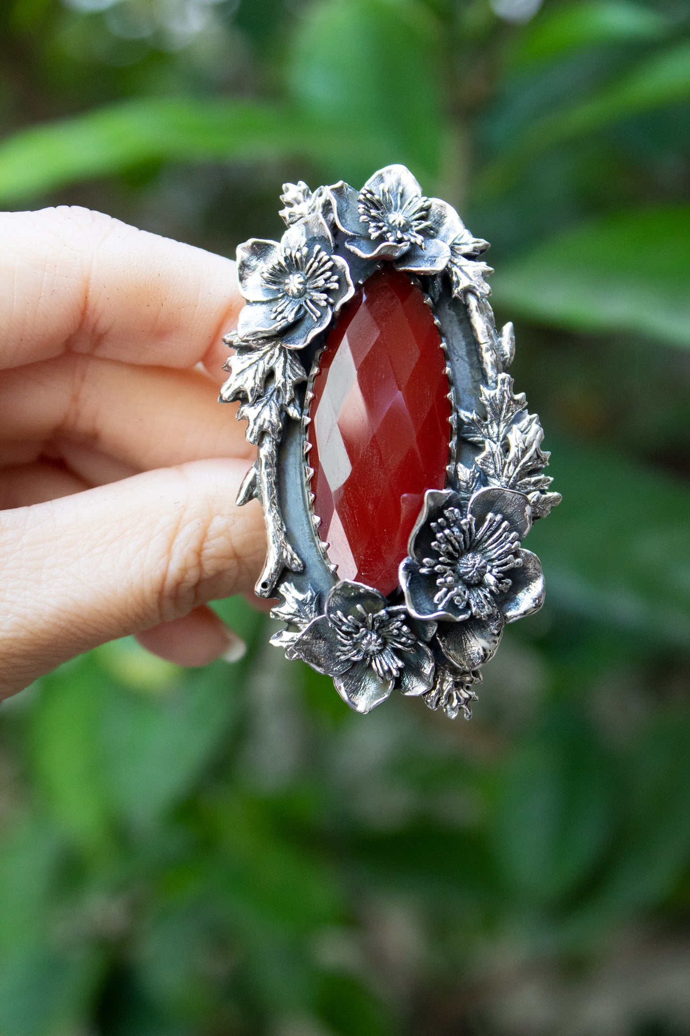 Crimson Wildflower — Red Onyx Botanical Statement Ring, AR-7738