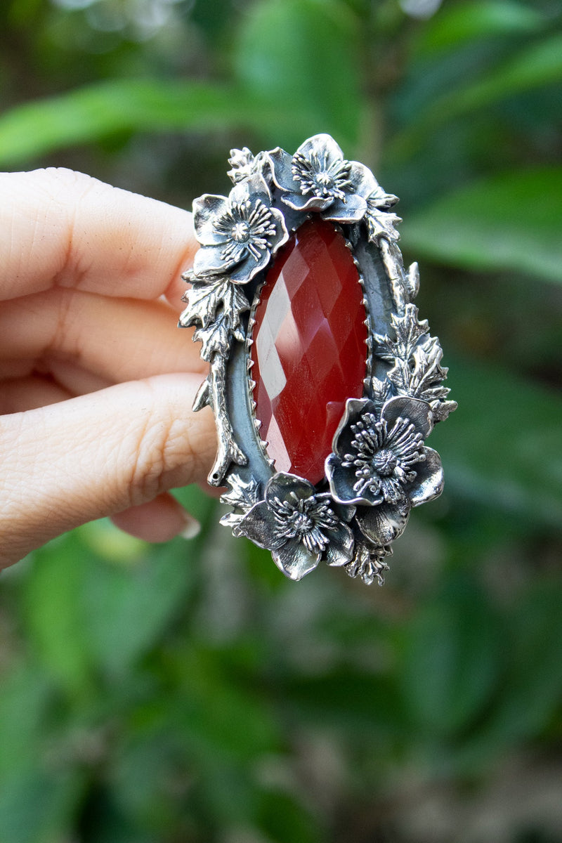 Crimson Wildflower — Red Onyx Botanical Statement Ring, AR-7738