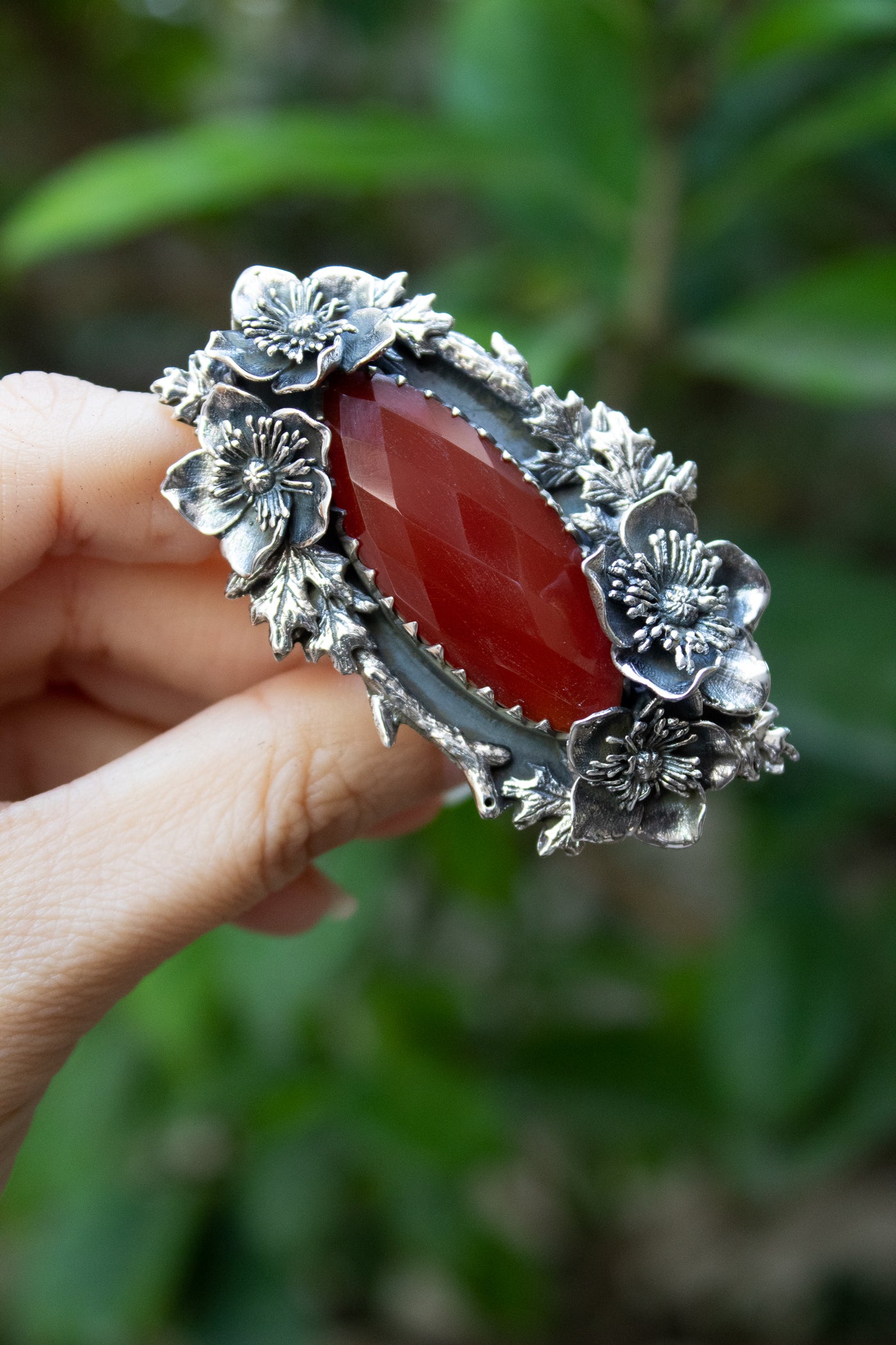 Crimson Wildflower — Red Onyx Botanical Statement Ring, AR-7738