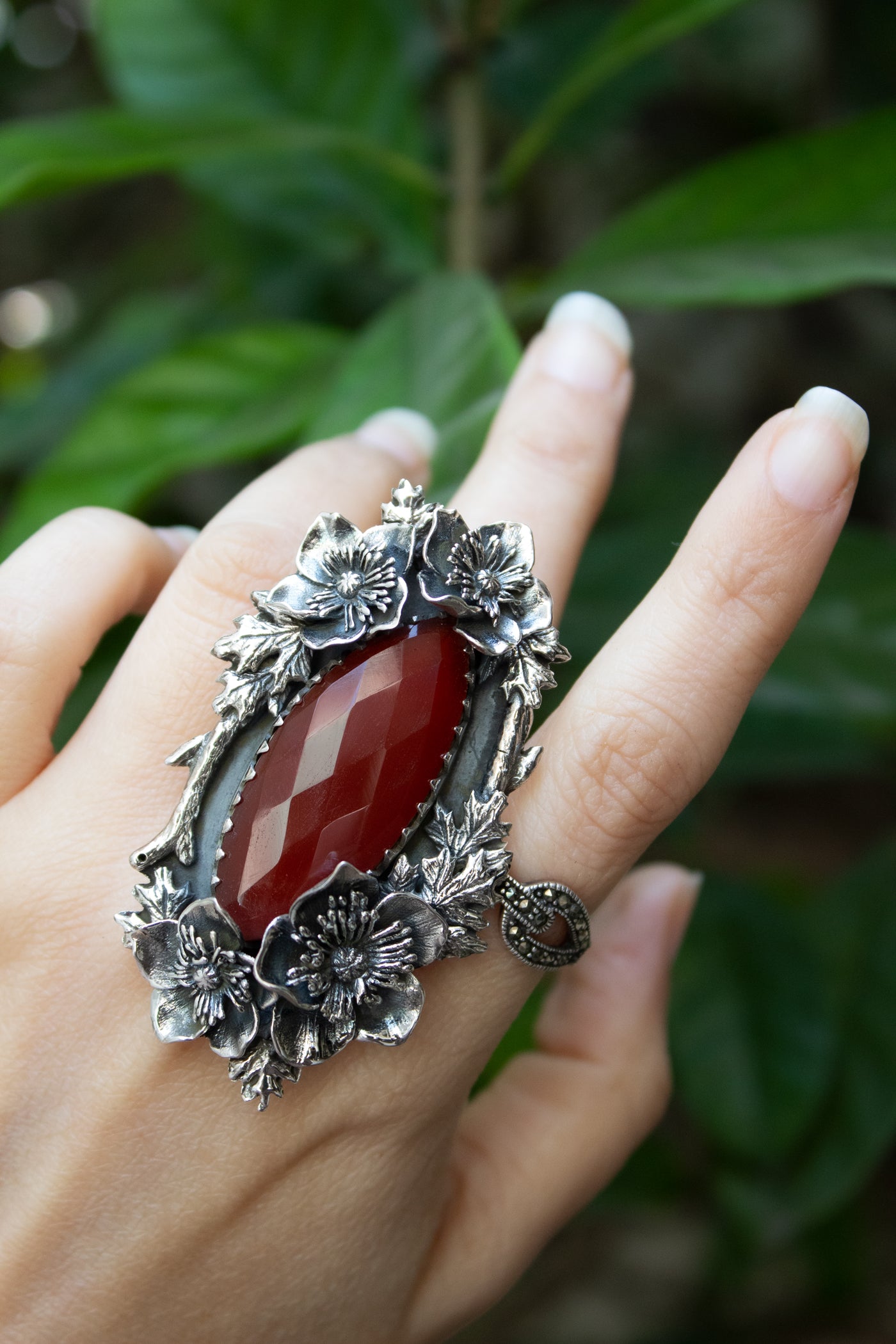 Crimson Wildflower — Red Onyx Botanical Statement Ring, AR-7738