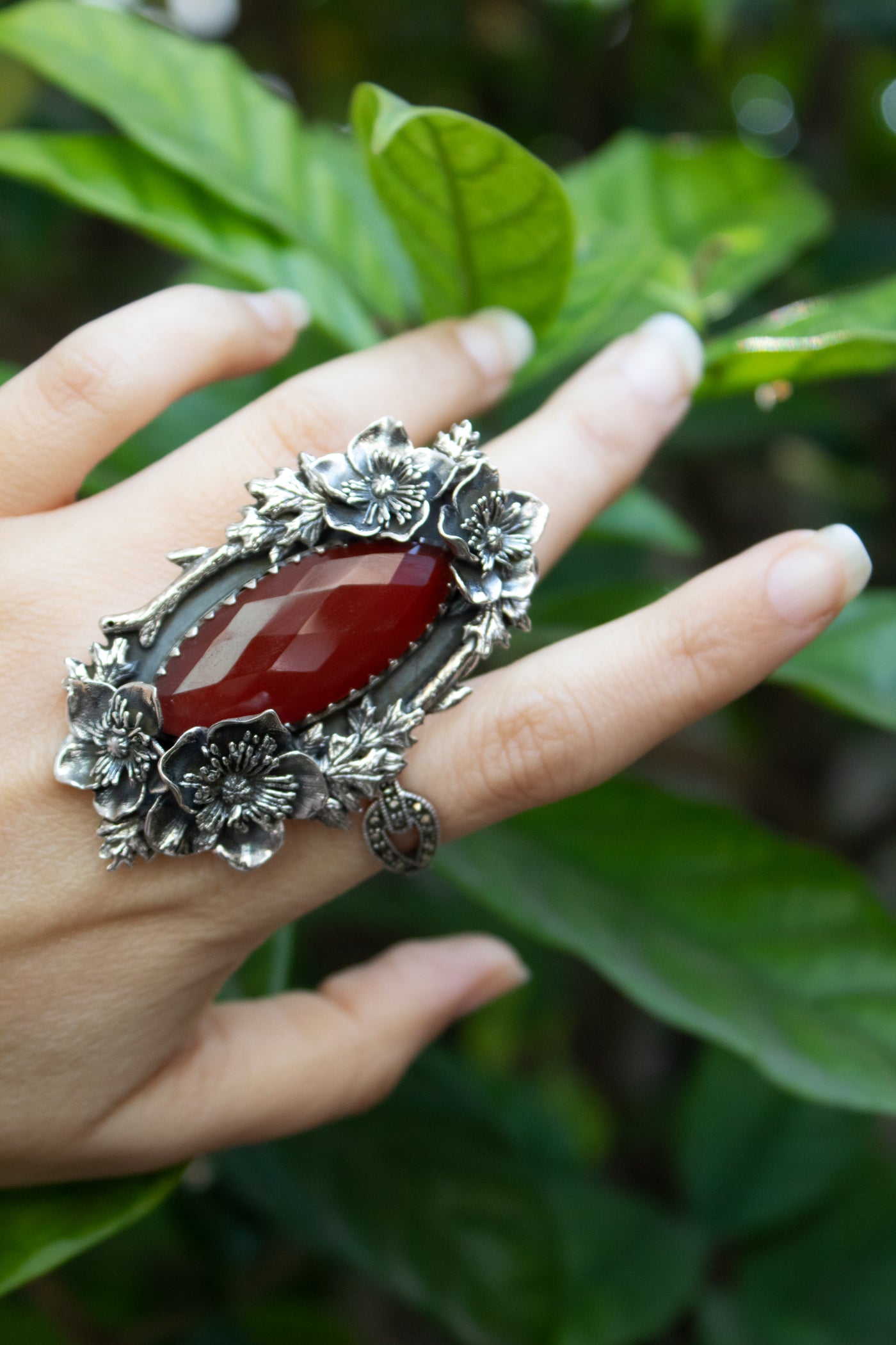 Crimson Wildflower — Red Onyx Botanical Statement Ring, AR-7738