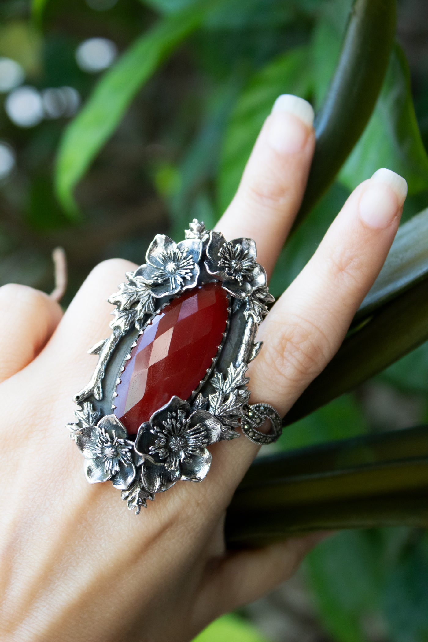 Crimson Wildflower — Red Onyx Botanical Statement Ring, AR-7738