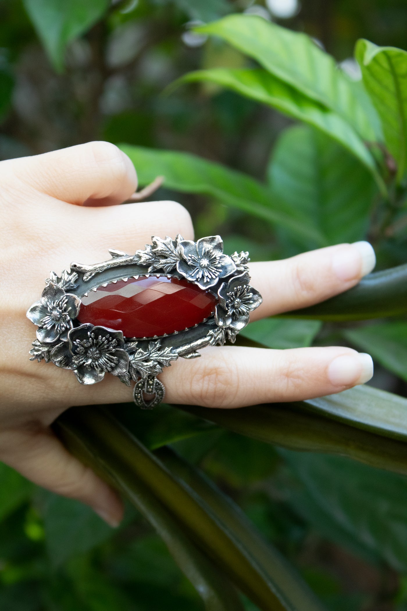 Crimson Wildflower — Red Onyx Botanical Statement Ring, AR-7738