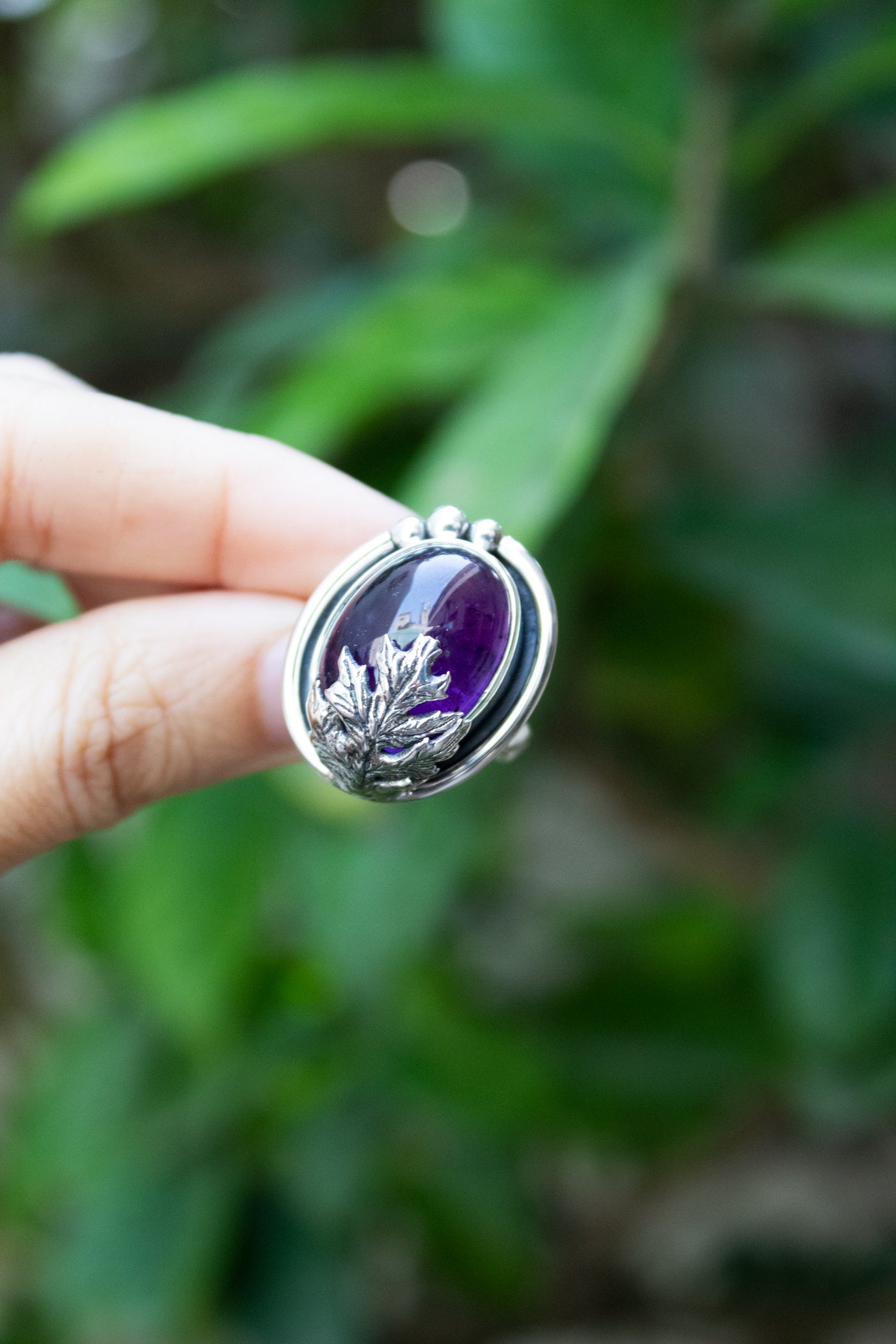 Woodland Serenity – Amethyst & Silver Leaf Ring, AR-7682