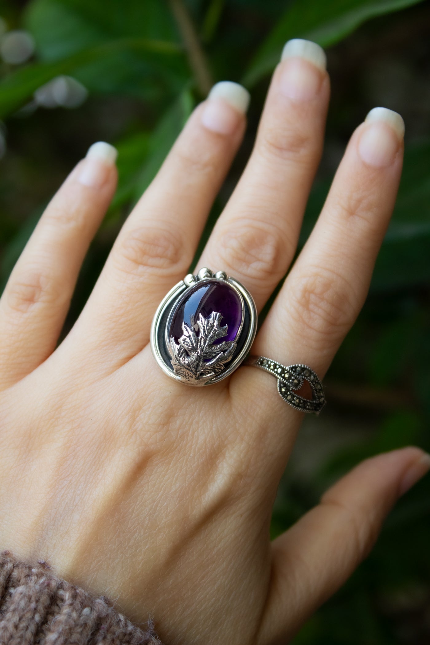 Woodland Serenity – Amethyst & Silver Leaf Ring, AR-7682