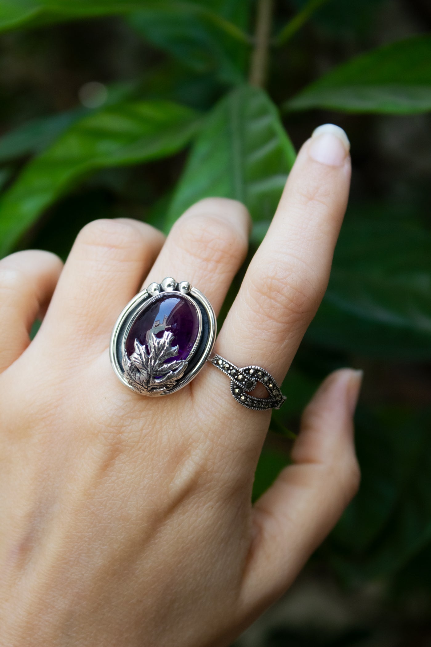 Woodland Serenity – Amethyst & Silver Leaf Ring, AR-7682