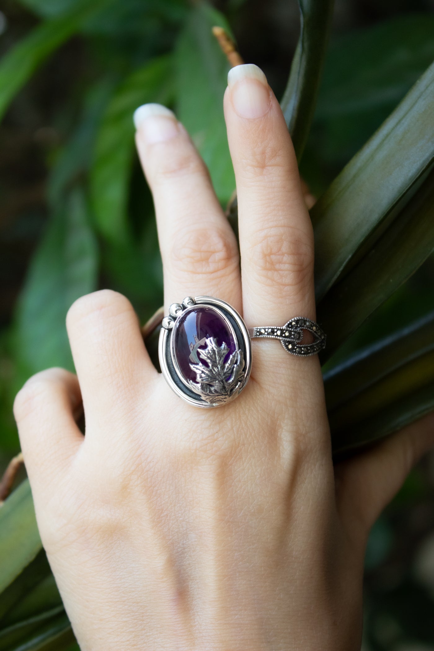 Woodland Serenity – Amethyst & Silver Leaf Ring, AR-7682