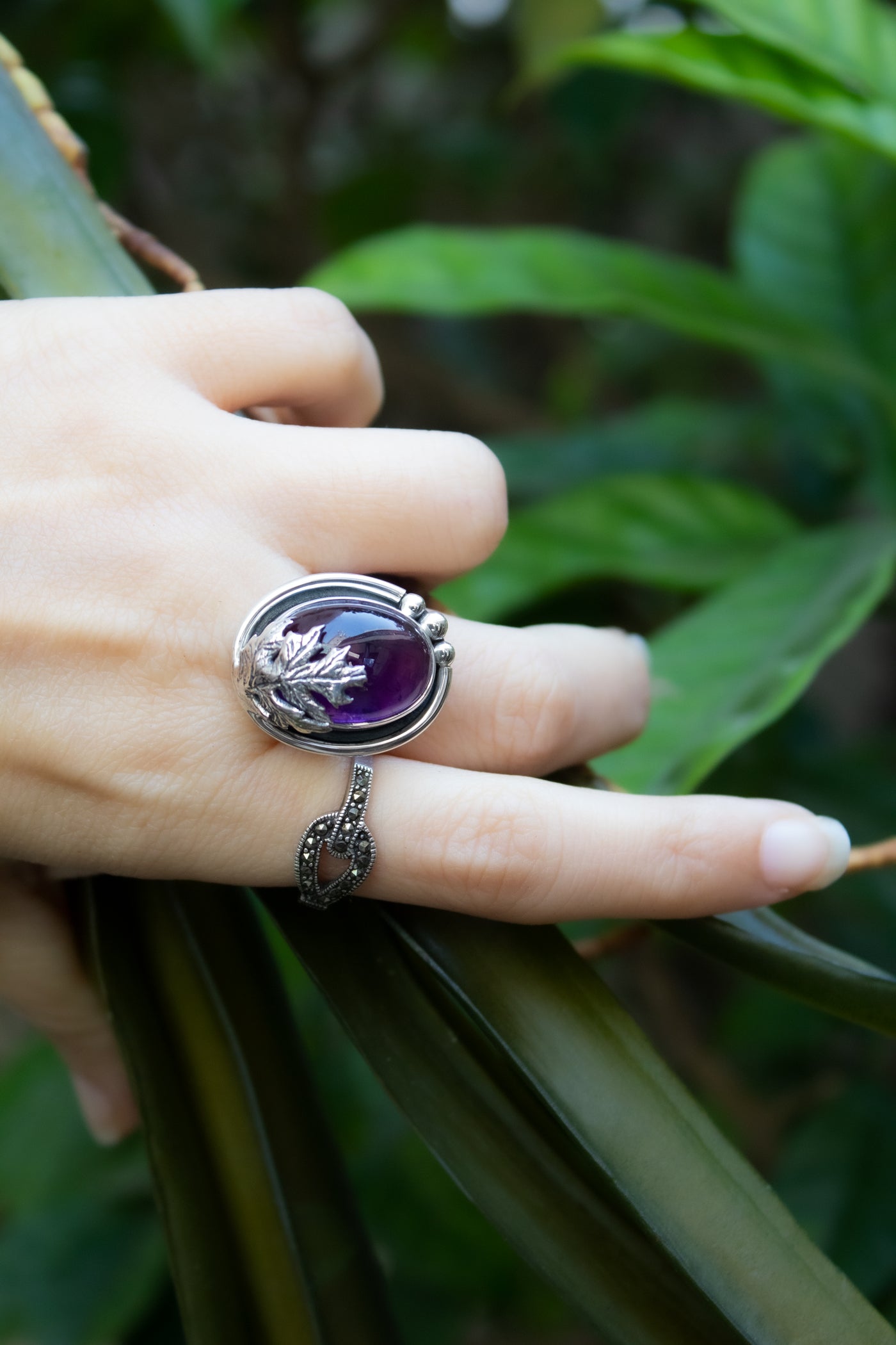 Woodland Serenity – Amethyst & Silver Leaf Ring, AR-7682