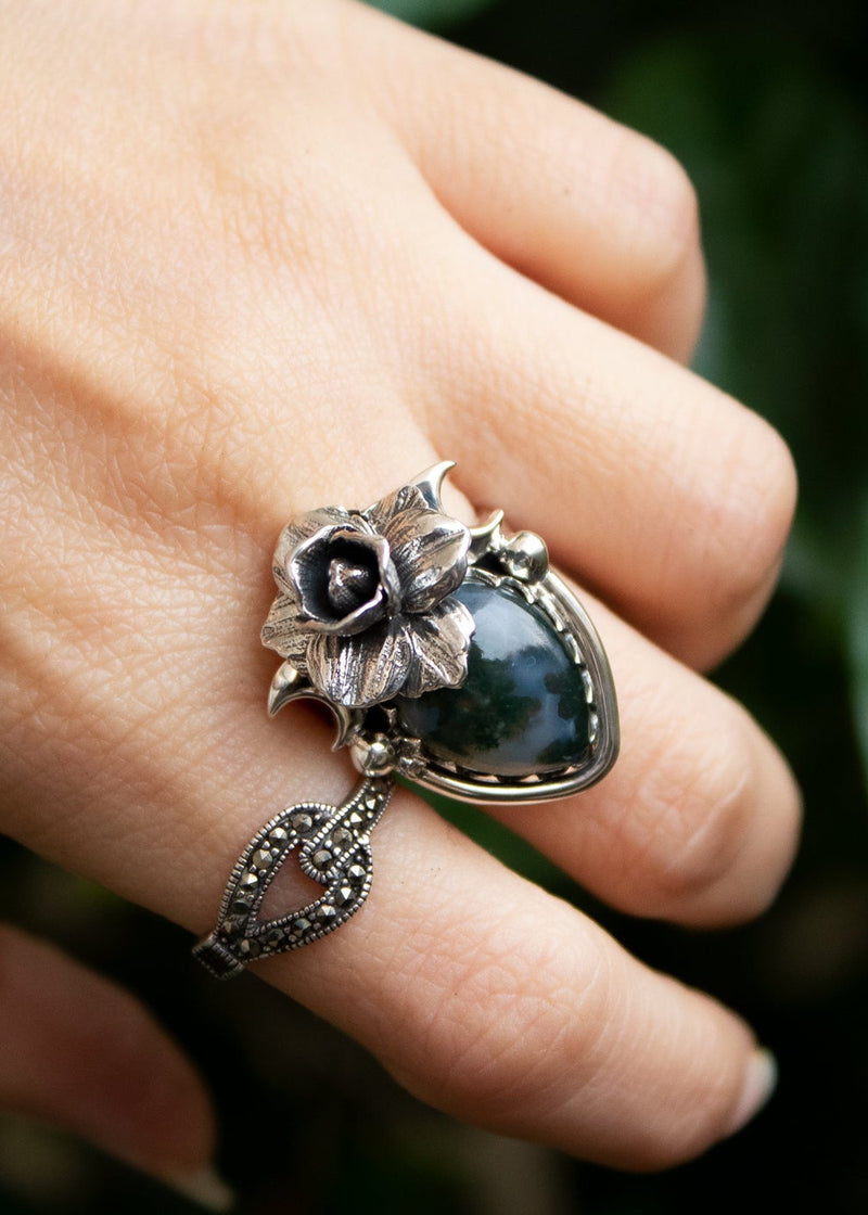 Anillo corazón de ágata musgosa, AR- 6569