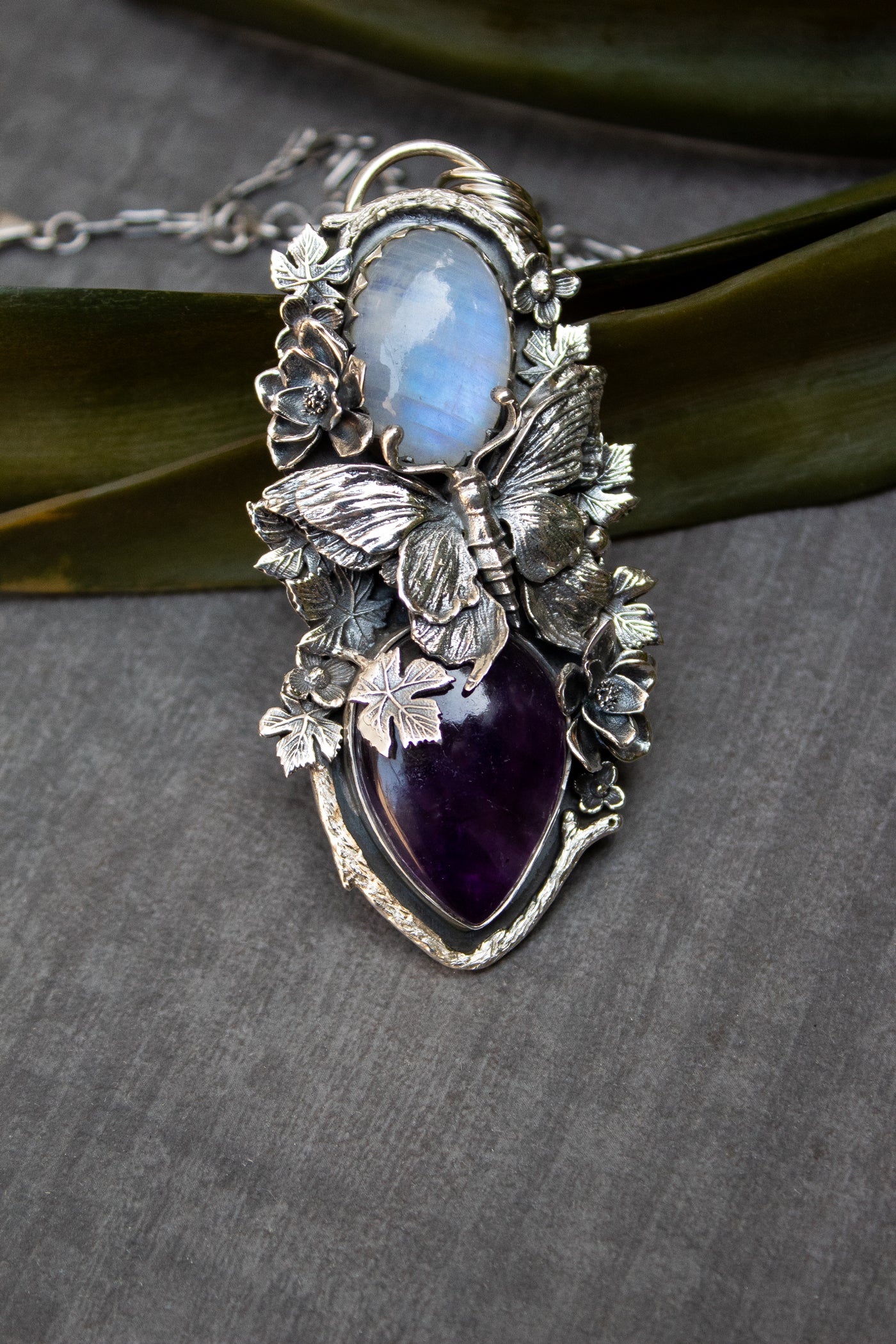 Moonlit Forest Harmony – Moonstone & Amethyst Pendant, AP-7694