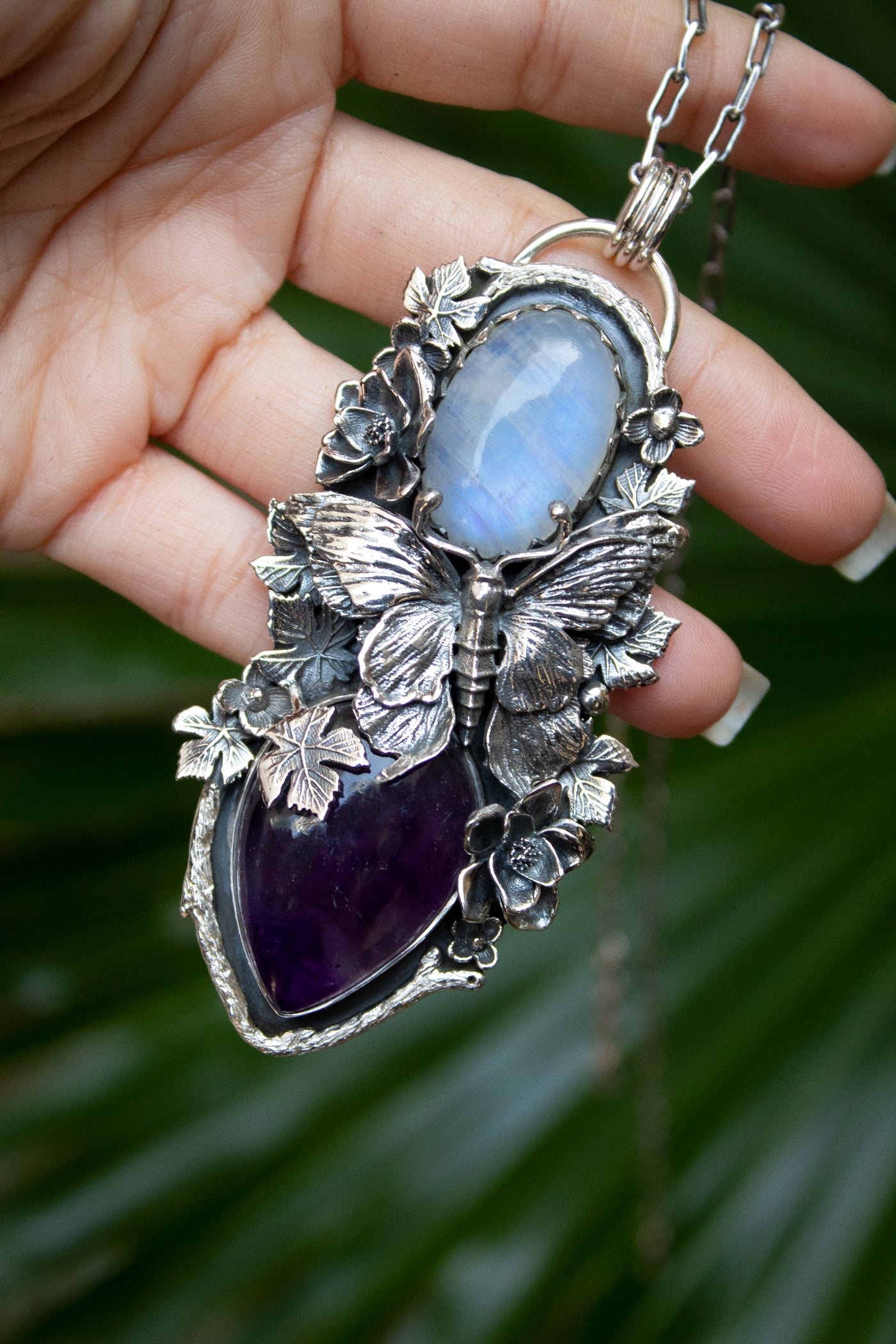 Moonlit Forest Harmony – Moonstone & Amethyst Pendant, AP-7694