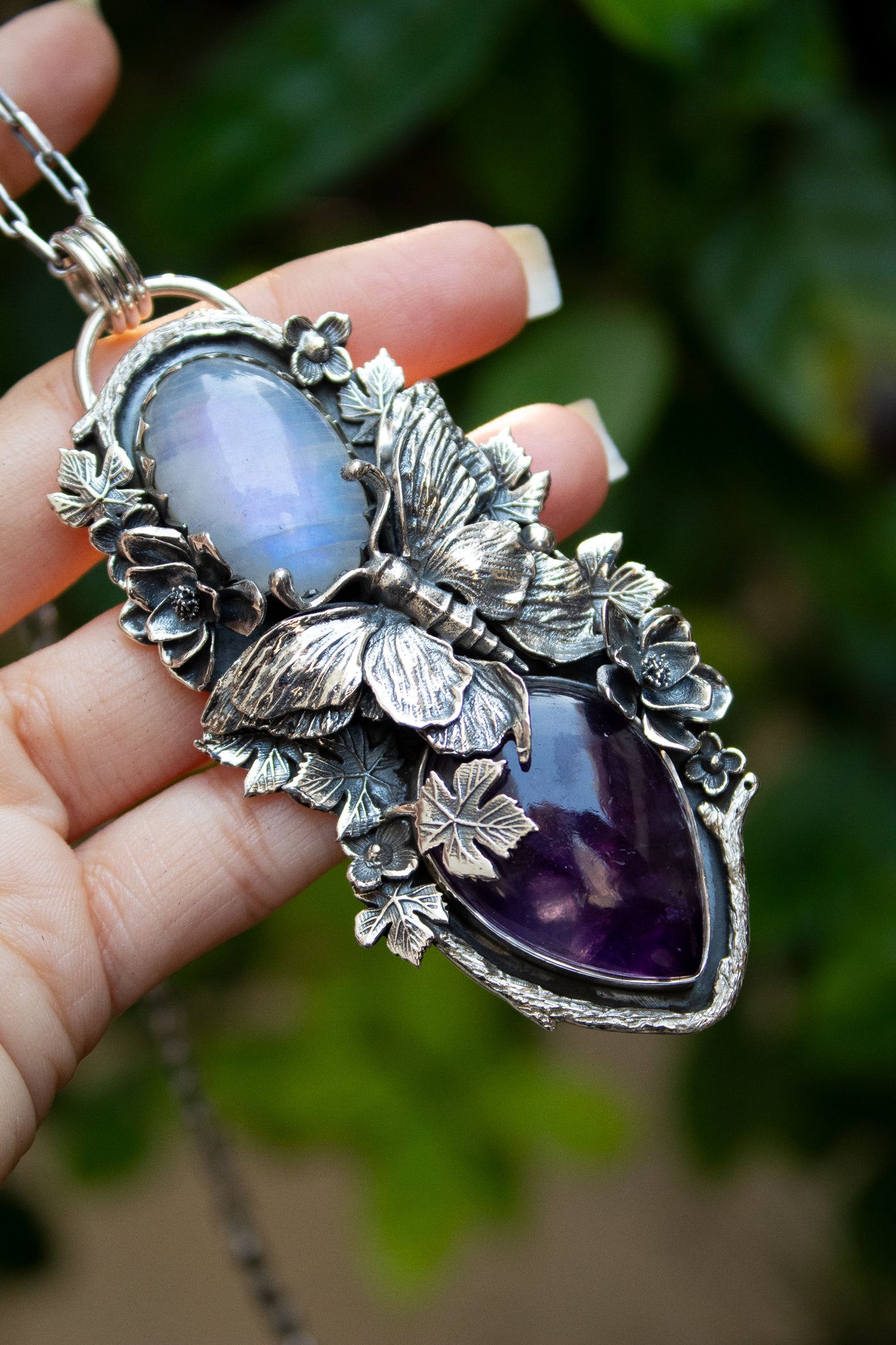 Moonlit Forest Harmony – Moonstone & Amethyst Pendant, AP-7694