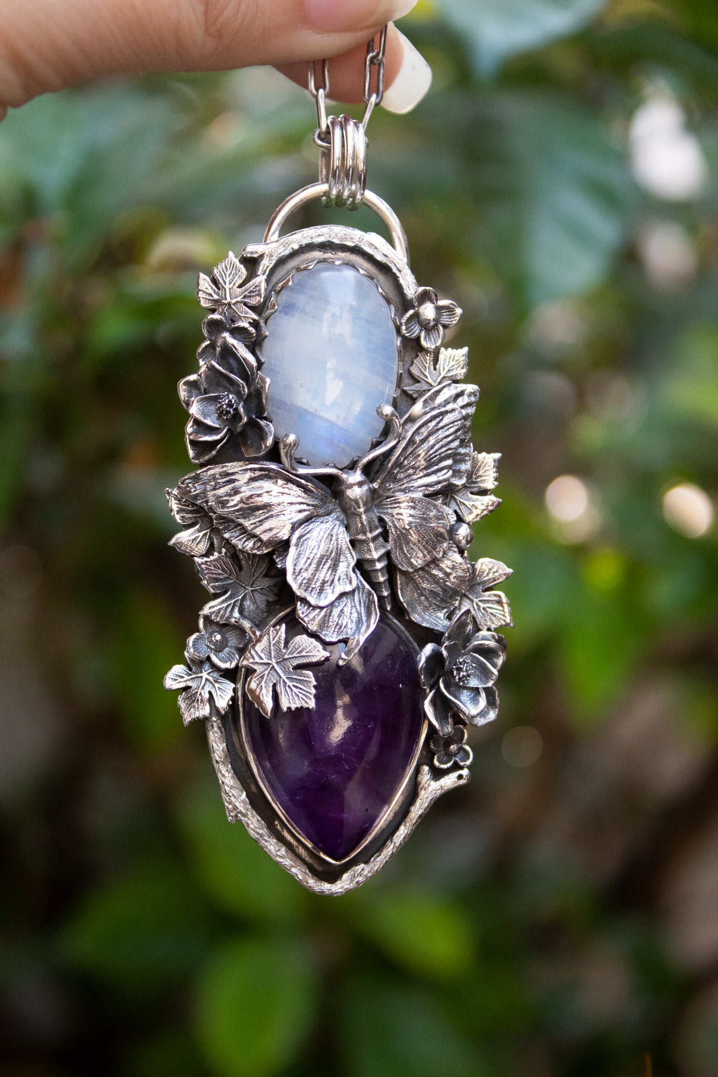 Moonlit Forest Harmony – Moonstone & Amethyst Pendant, AP-7694