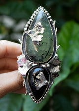 Prehnite & Black Onyx Ring with Ginkgo Leaf AR-7260