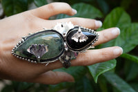 Prehnite & Black Onyx Ring with Ginkgo Leaf AR-7260